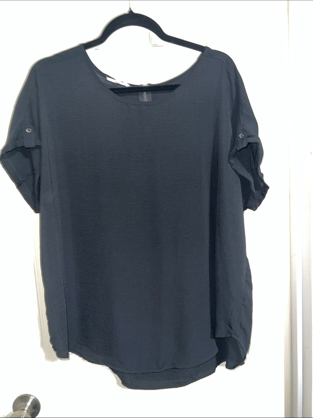 Maurices Black Roll-Tab Short Sleeve Blouse